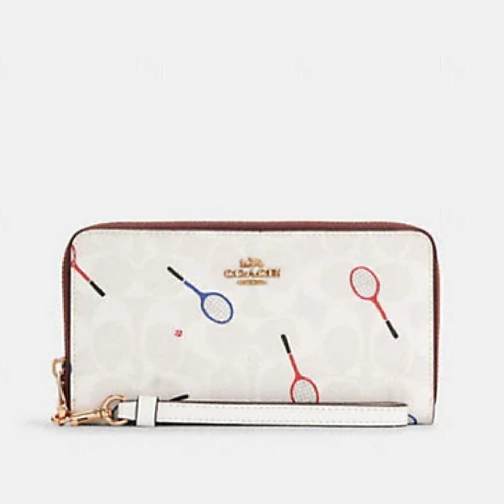 NWT Coach Tennis Racquet Long Zip Around Wallet in Signature White Canvas